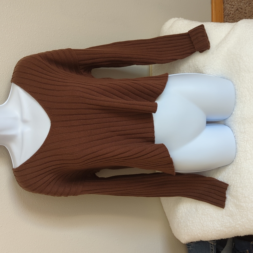 Abound V-Neck Ribbed Sweater Brown Earth Size L